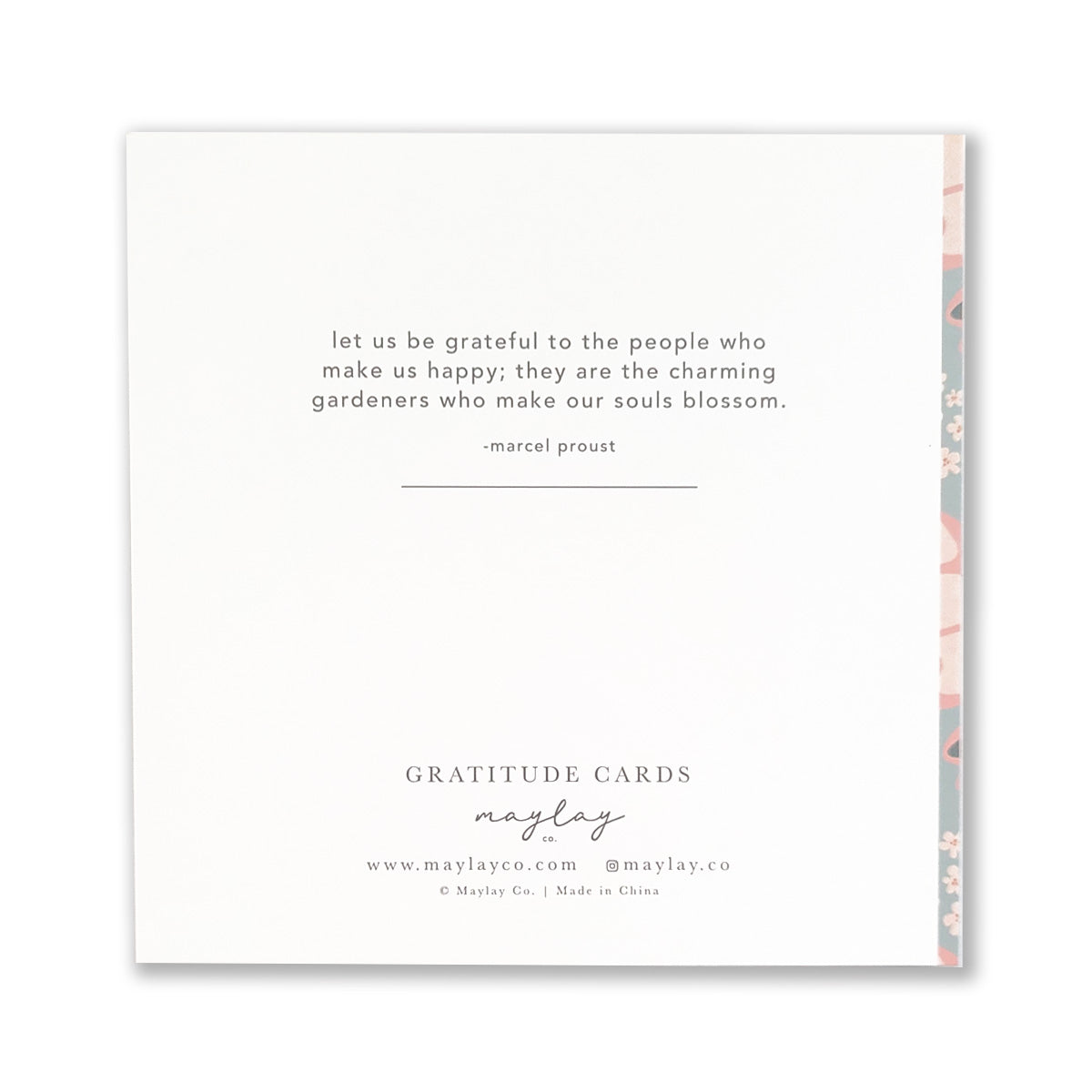 Presenting the Butterfly Gratitude Greeting Card from Maylay Co., part of our exquisite Stationery Collection. This card features a heartfelt quote by Marcel Proust: "Let us be grateful to the people who make us happy; they are the charming gardeners who make our souls blossom." It is beautifully adorned with a decorative floral border on the right side.