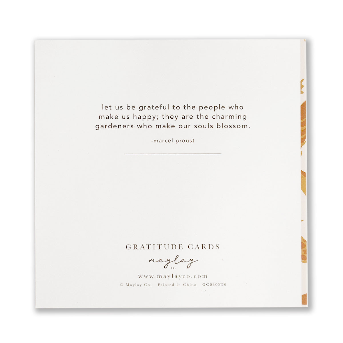 A card from Maylay Co.'s Fish Gratitude Greeting Cards collection features a quote from Marcel Proust: "Let us be grateful to the people who make us happy; they are the charming gardeners who make our souls blossom.