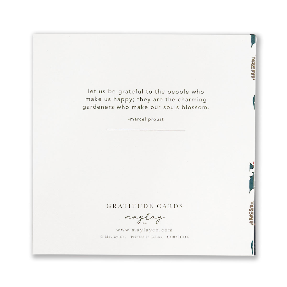 A Holiday Foli Gratitude Greeting Card from Maylay Co. showcases a gold foil stamp design on a white background, featuring a Marcel Proust quotation about appreciating those who bring us joy. The card is elegantly designed with a decorative border and includes Maylay Co.'s contact information at the bottom.