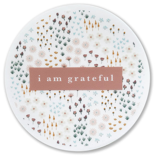 Introducing the Summerfield 3" Clear Gratitude Sticker by Maylay Co. As part of the Gratitude Collection, this circular sticker showcases delicate pastel-colored flowers encircling a pink rectangle with the phrase "i am grateful." Perfect for #PASSONTHEGRATITUDE, these stickers are an ideal way to spread positivity and appreciation.