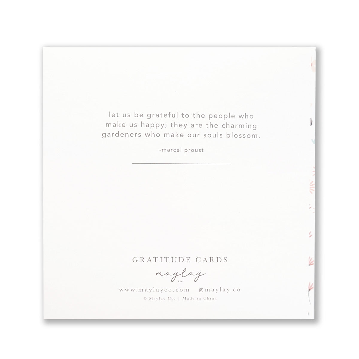 A premium quality white card displays a quote by Marcel Proust: "Let us be grateful to the people who make us happy; they are the charming gardeners who make our souls blossom." Below, it showcases Summerfield Gratitude Greeting Cards with Maylay Co. branding and website details.